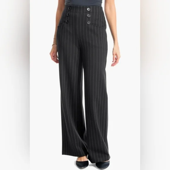 Max Studio High Rise, Wide-legged Black Pinstripe Sailor Pants. NWT. Size L. - Picture 8 of 10